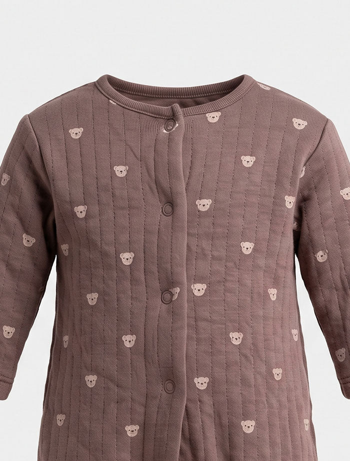 Brown bear printed quilted sleepsuit