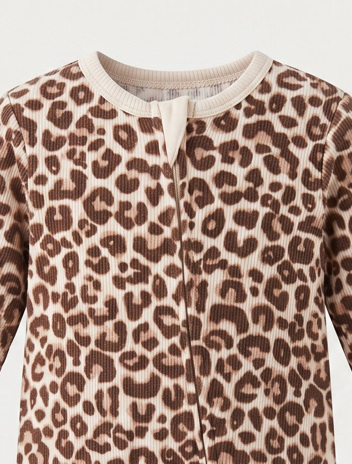 Leopard printed ribbed 2 way zipper sleepsuit