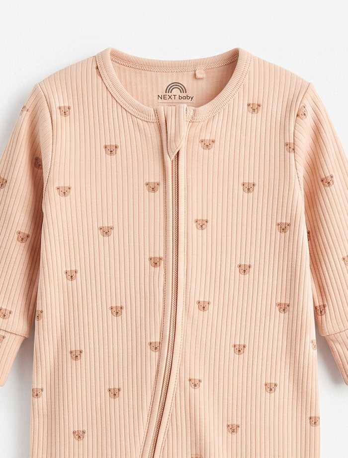 Dark beige bear ribbed sleepsuit
