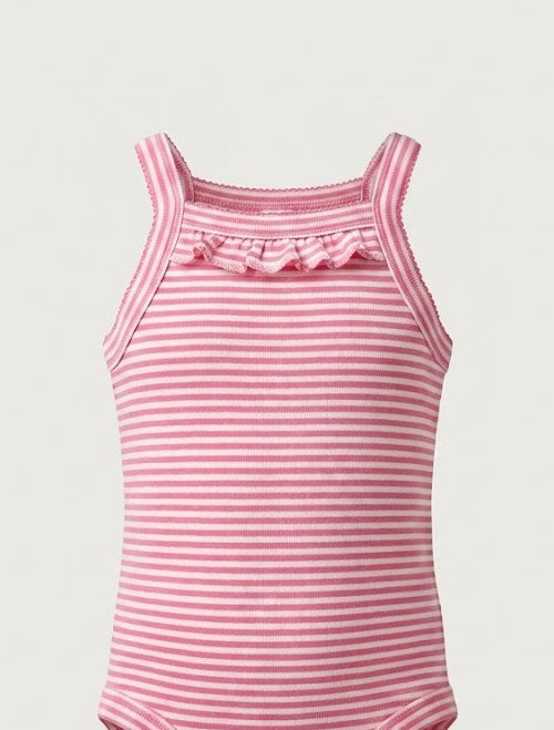 Ruffle-Neck Striped Cami Onesie Pink