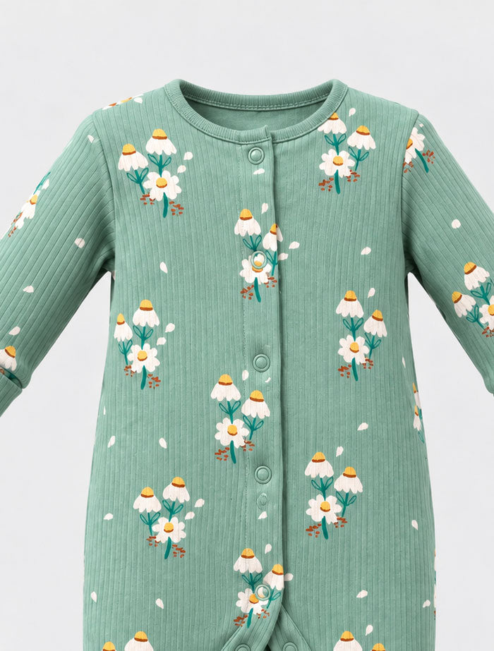 Green ribbed floral sleep suit