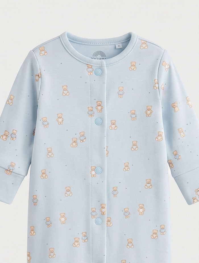 Blue bear printed button sleep suit