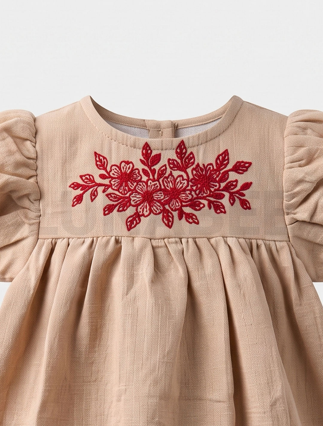 Beige puff sleeve floral embroidered frock