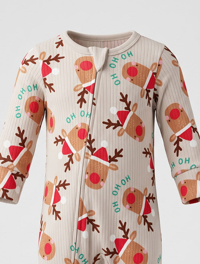 Beige HO HO printed ribbed sleepsuit