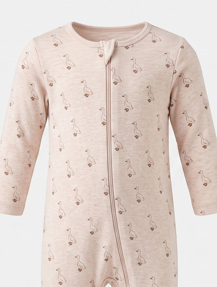Beige duck printed 2 way zipper sleepsuit