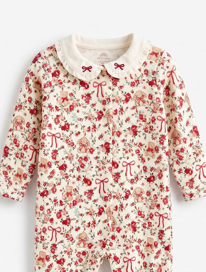 Red bow & bear printed sleep suit
