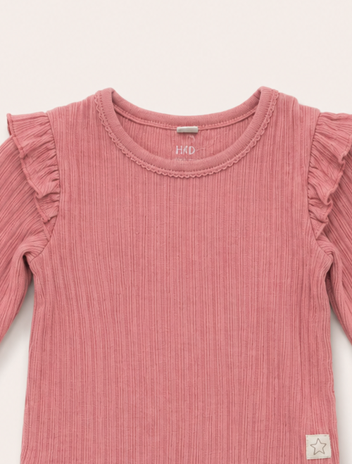 PEACH PINK RIBBED RUFFLES ONESIE
