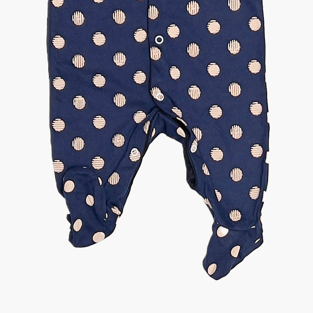 NAVY BLUE DOTTRF BUTTON SLEEPSUIT