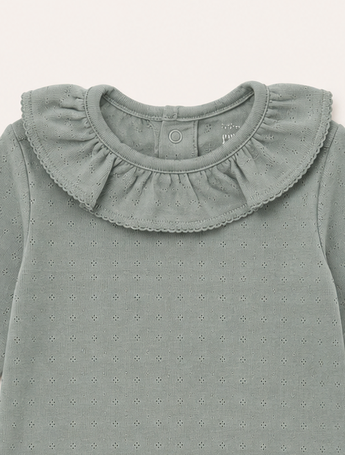 Sage green pointelle ruffle onesie