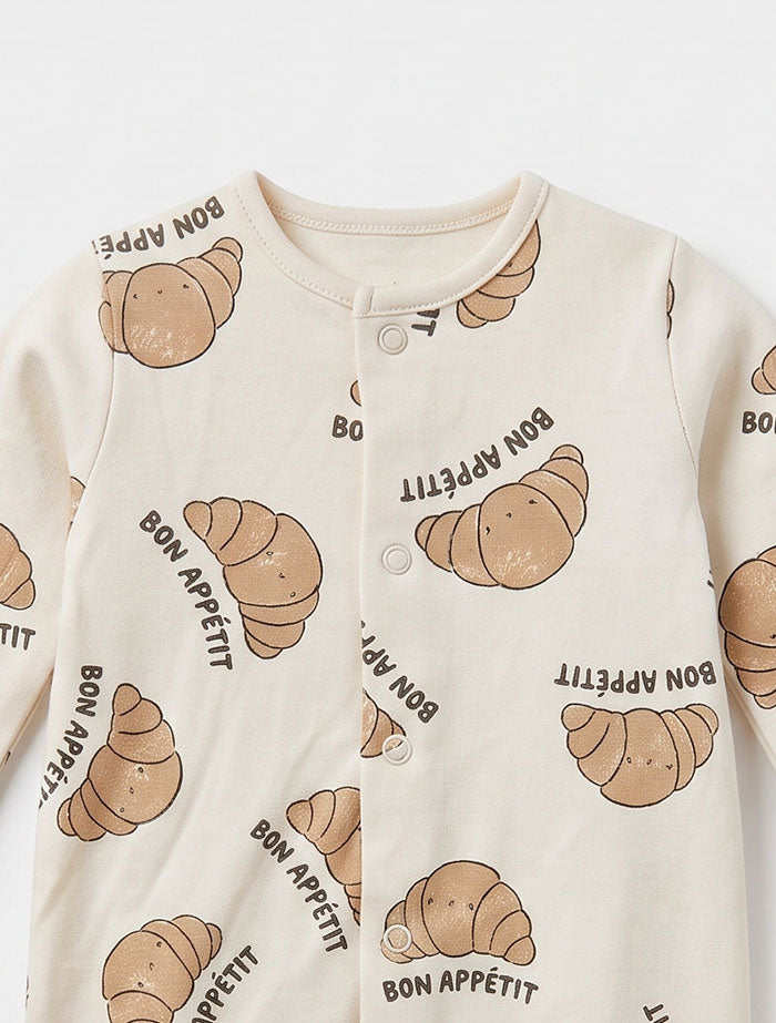 Beige croissent printed button sleepsuit