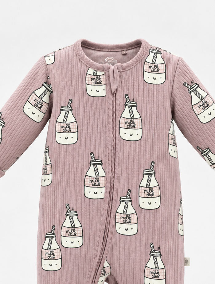 Dusty pink ribbed 2 way zipper sleep suit