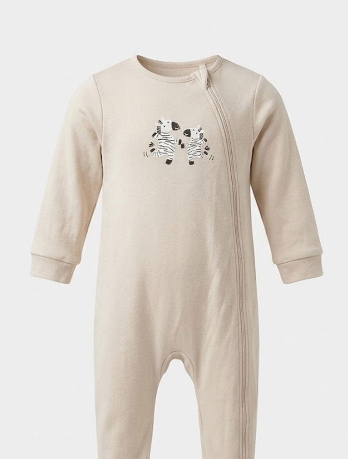 Beige zebra 2 way zipper sleep suit