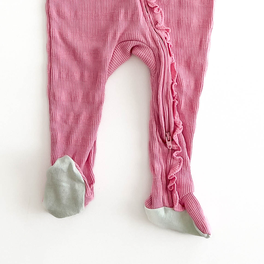 PINK RIBBED FRONT RUFFLED SLEEPSUIT