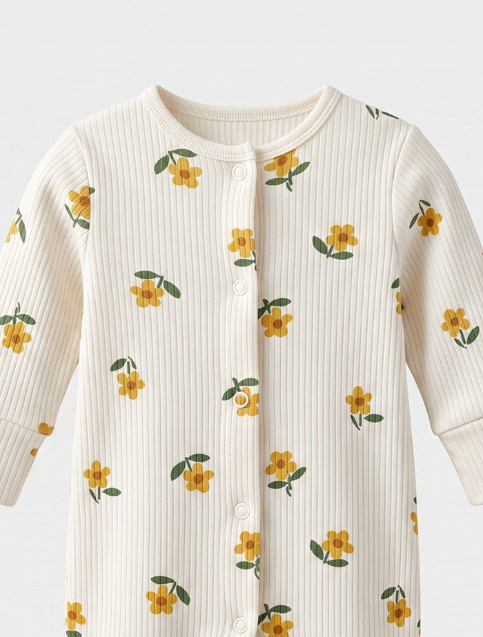 Yellow floral ribbed button sleepsuit