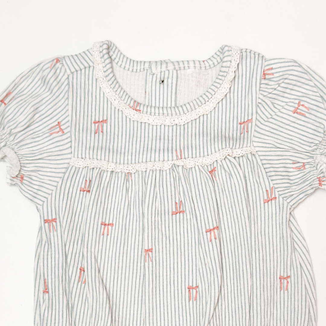 PREMIUM TEAL STRIPES BOW PRINTED FANCY ONESIE