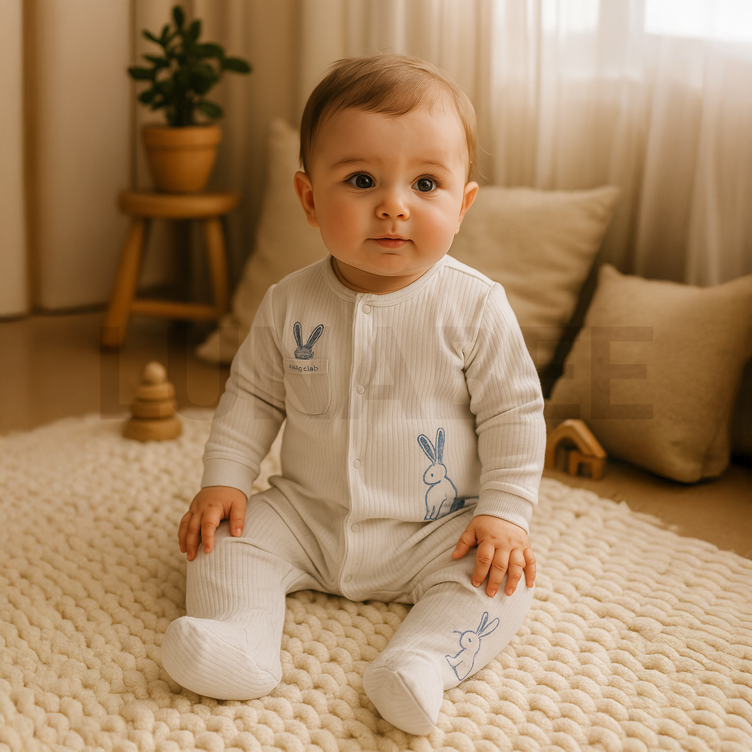 PREMIUM BLUE RIBBED BUNNY SLEEPSUIT