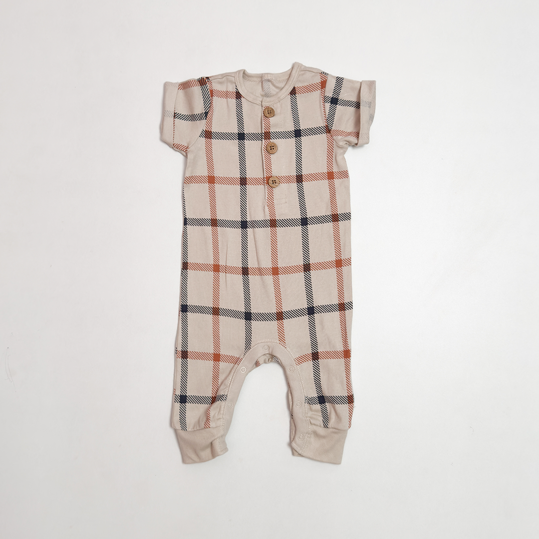BEIGE CHECK BUTTON ROMPER