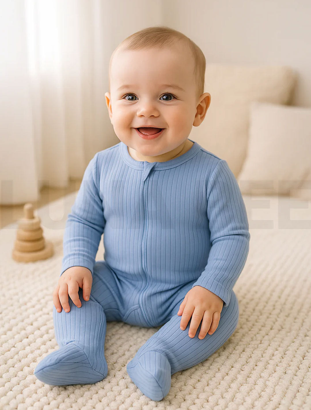 BLUE RIBBED ZIPPER SLEEPSUIT