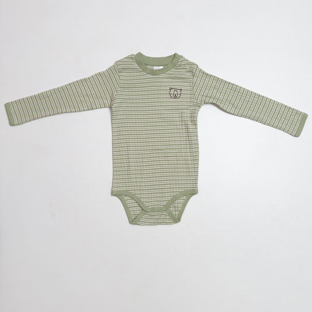 GREEN AND WHITE STRIPED RIBBED ONESIE