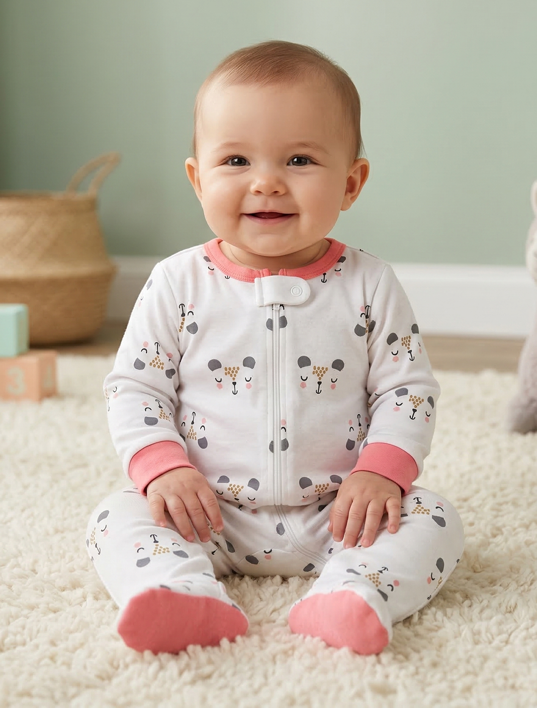 WHITE FACE PATTERNED SLEEPSUIT