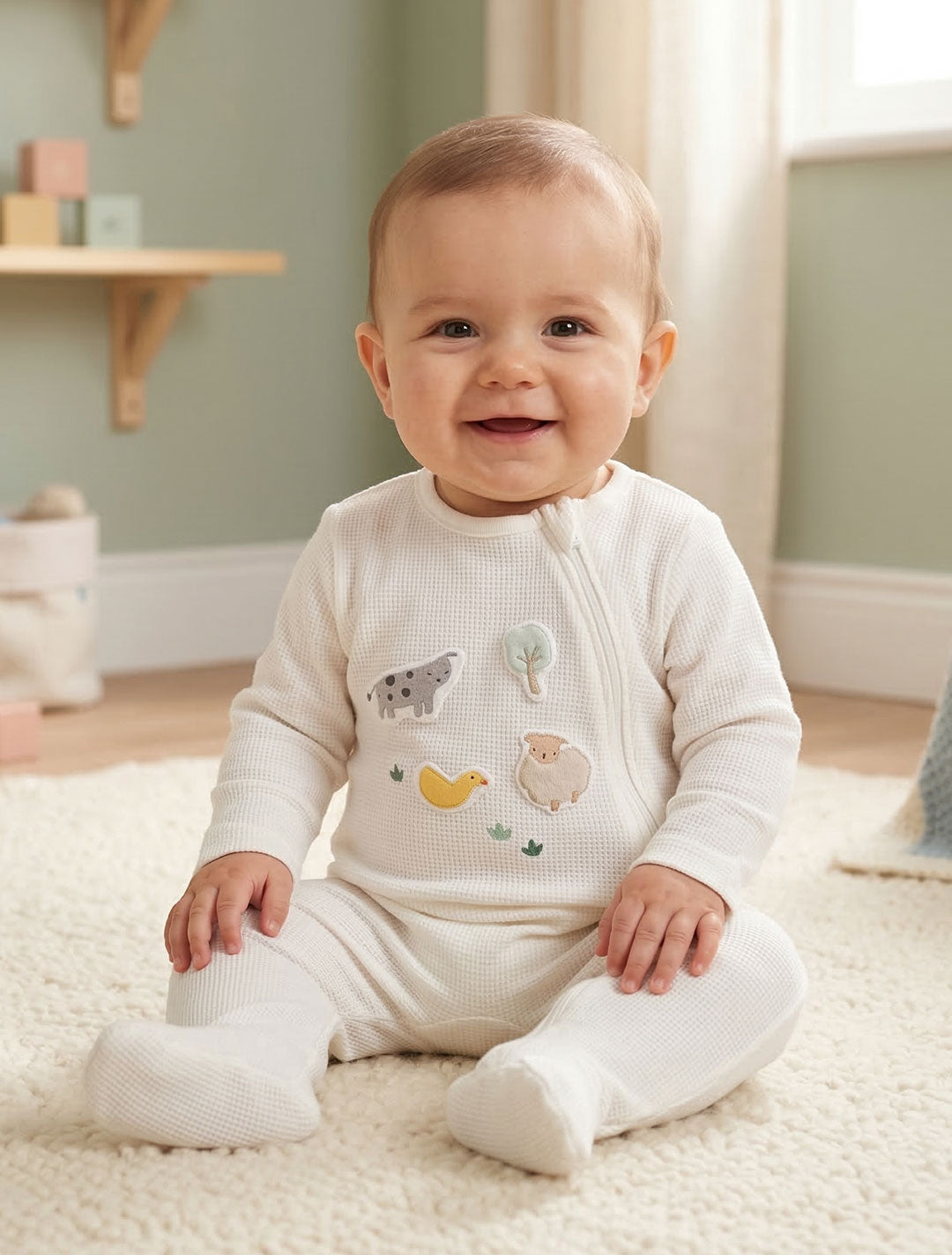 WHITE KNITTED ZIPPER SLEEPSUIT
