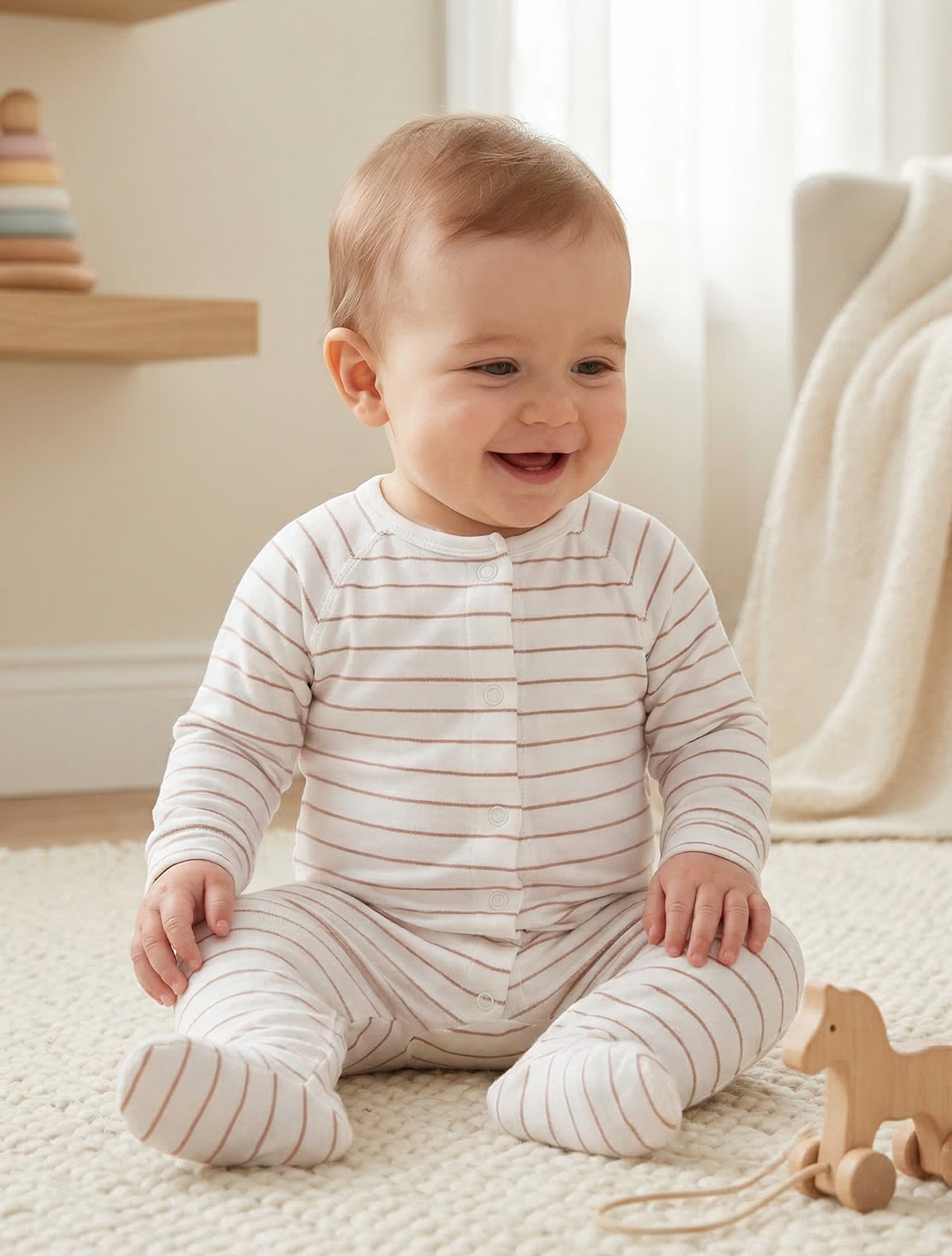 WHITE STRIPED BUTTON SLEEPSUIT