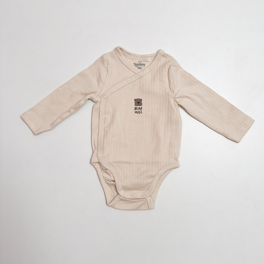 BEIGE BEAR RIBBED WRAPOVER ONESIE