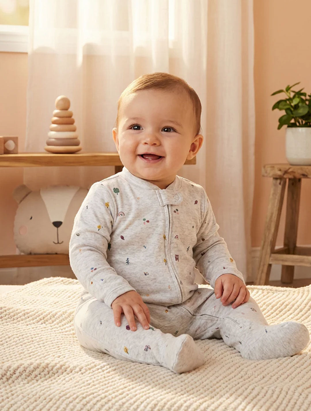 GREY PRINTED ZIPPER SLEEPSUIT