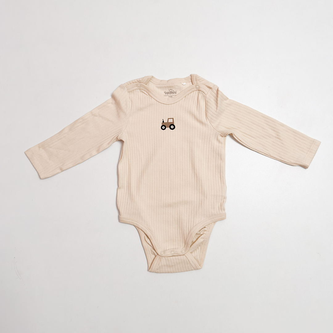 BEIGE CAR PRINTED RIBBED ONESIE