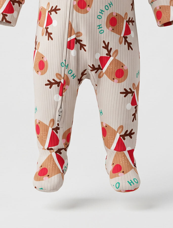 Beige HO HO printed ribbed sleepsuit
