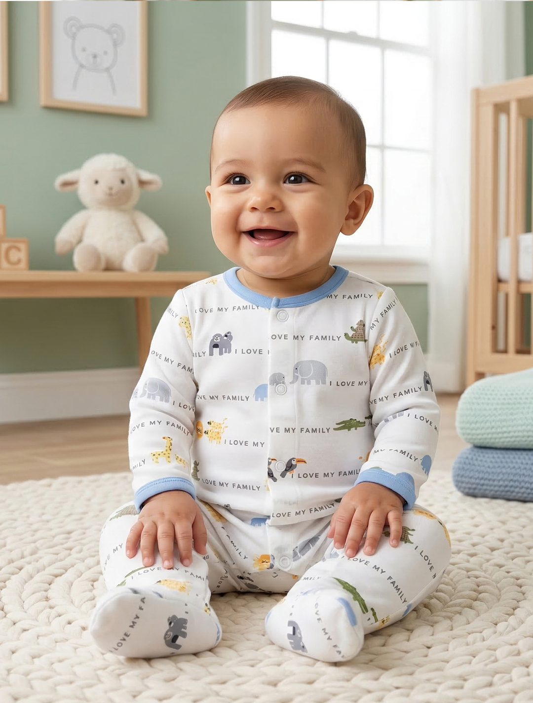 WHITE PRINTED BUTTON SLEEPSUIT