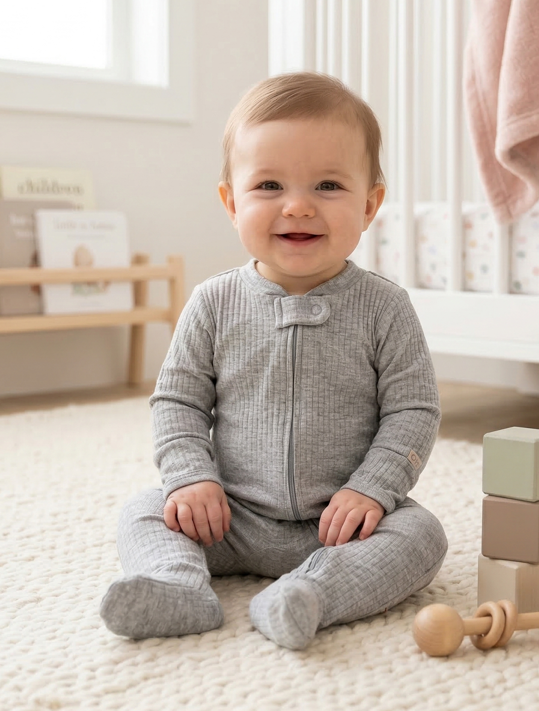 GREY RIBBED ZIPPER SLEEPSUIT