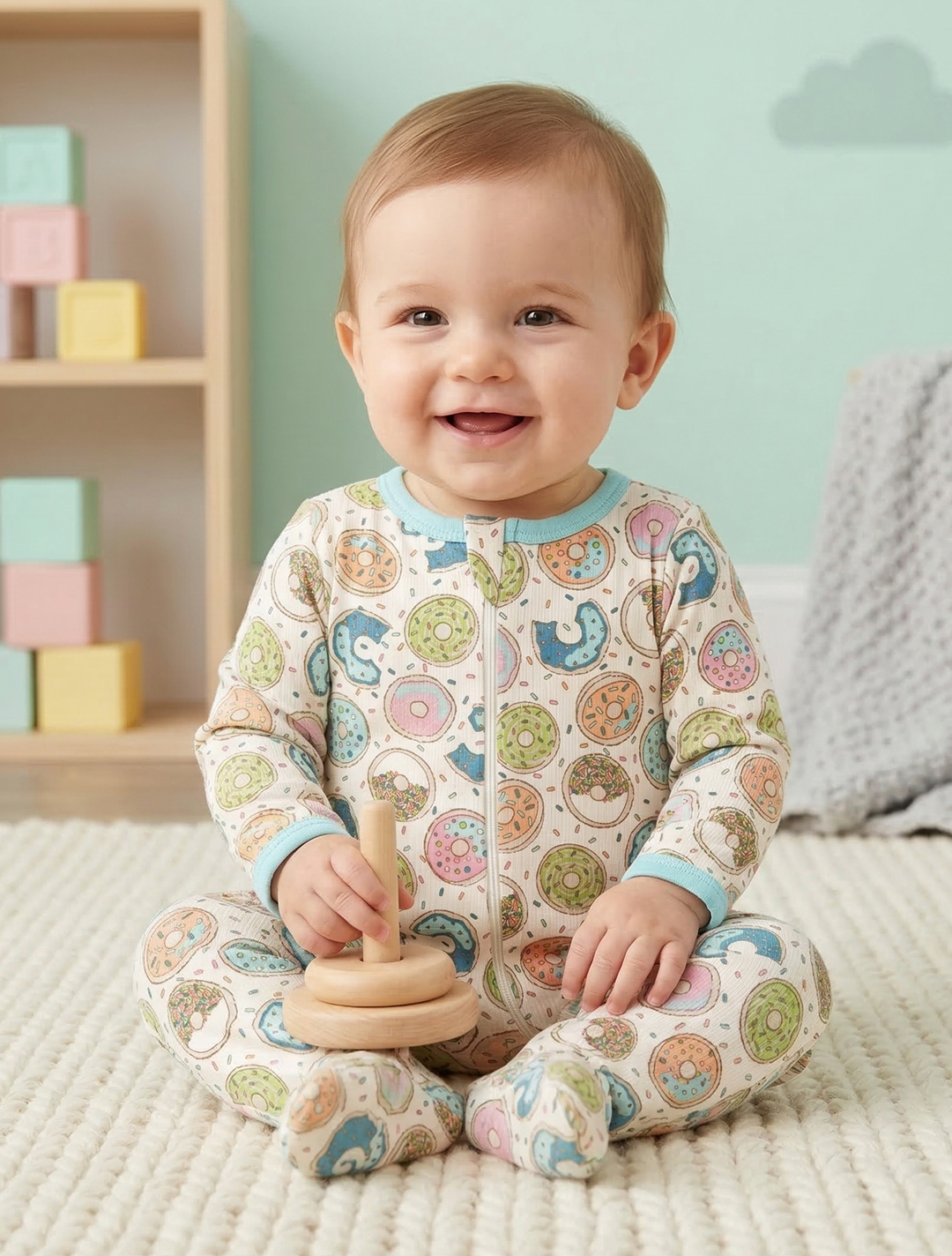 DONUT PRINTED ZIPPER SLEEPSUIT