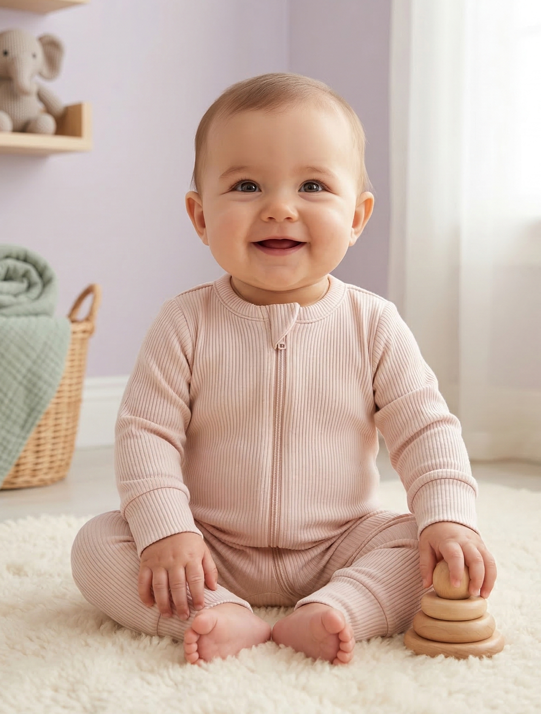 POWDER PINK RIBBED VISCOUS COTTON ROMPER