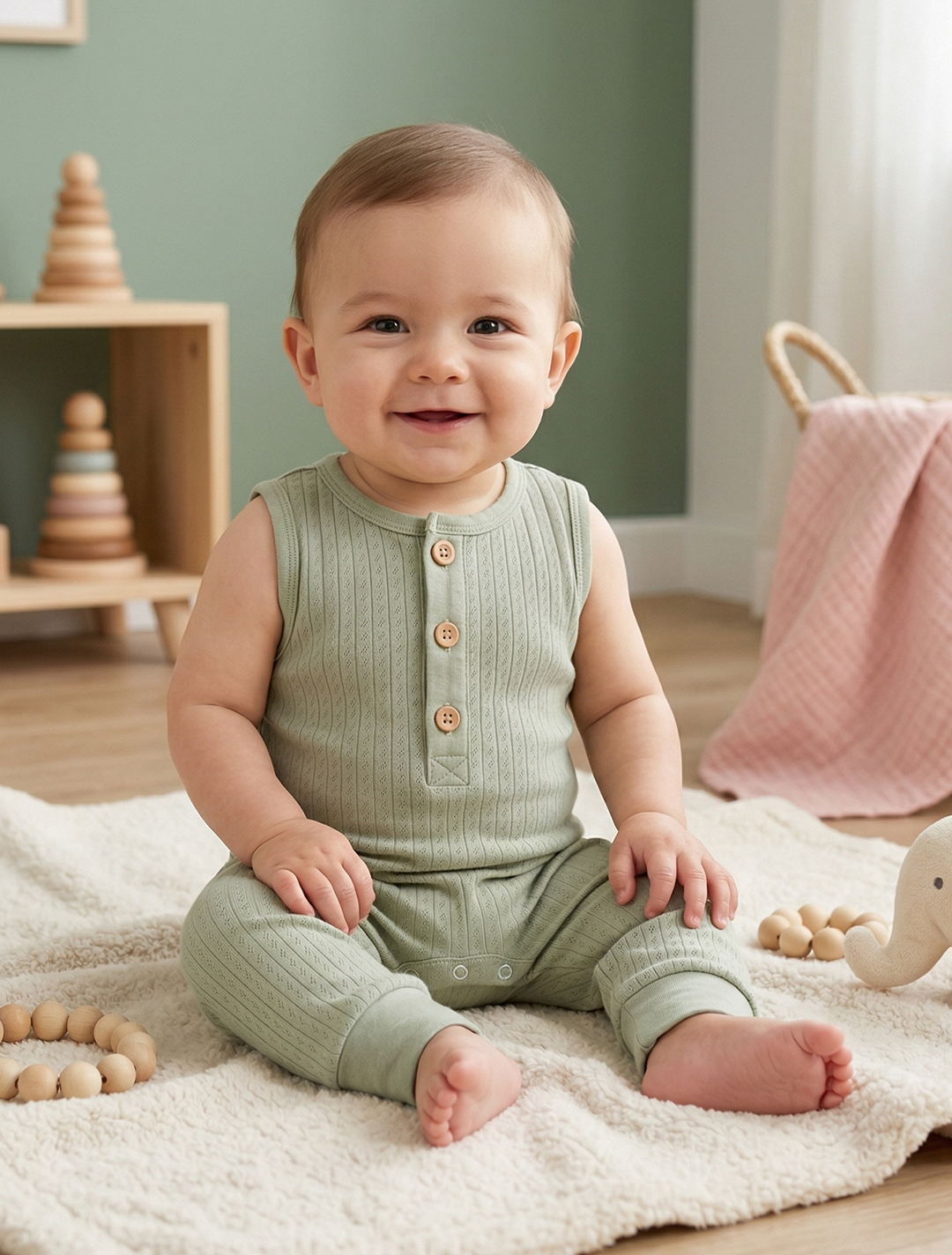 GREEN POINTELLE SLEEVELESS ROMPER