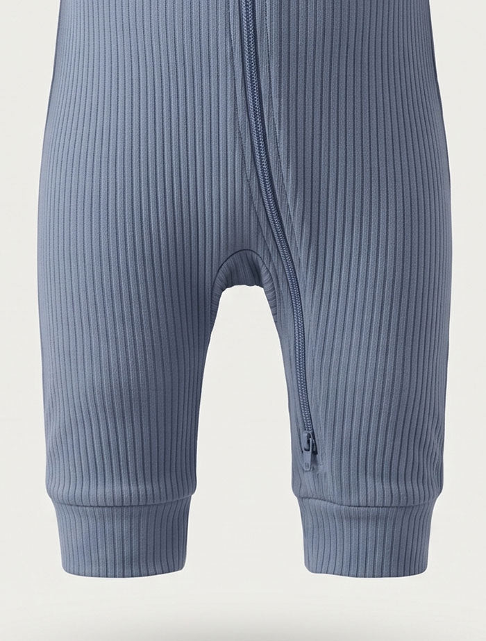 Blue ribbed 2 way zipper ribbed romper