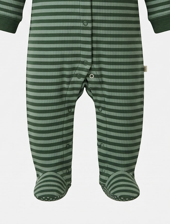 Green stripes button ribbed sleepsuit