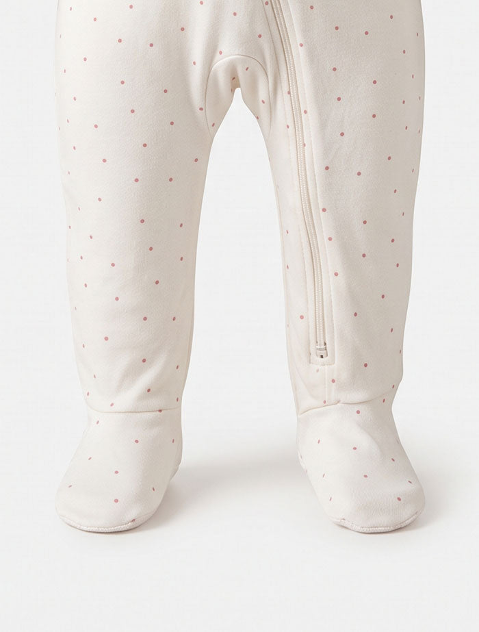 Off white pink polka dotted zipper sleep suit