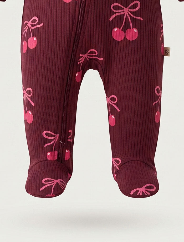 Wine red and pink cherry print unisex ribbed sleepsuit