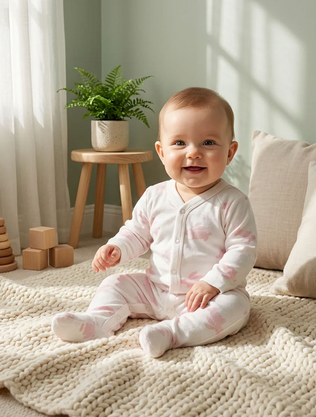 PINK BUNNY BUTTON SLEEPSUIT
