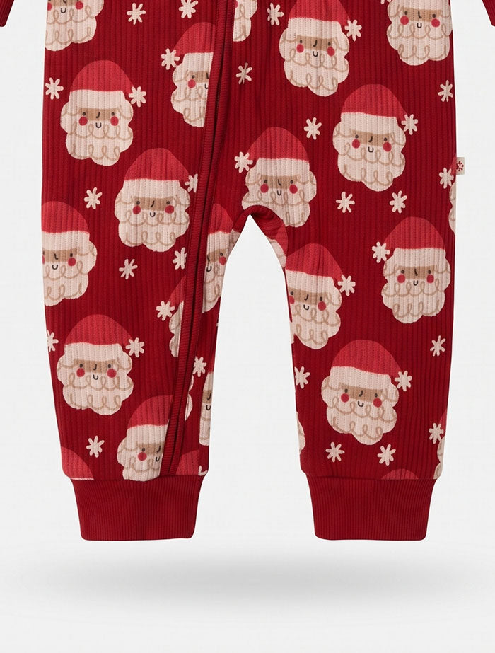 Red santa claus ribbed 2 way zipper sleepsuit