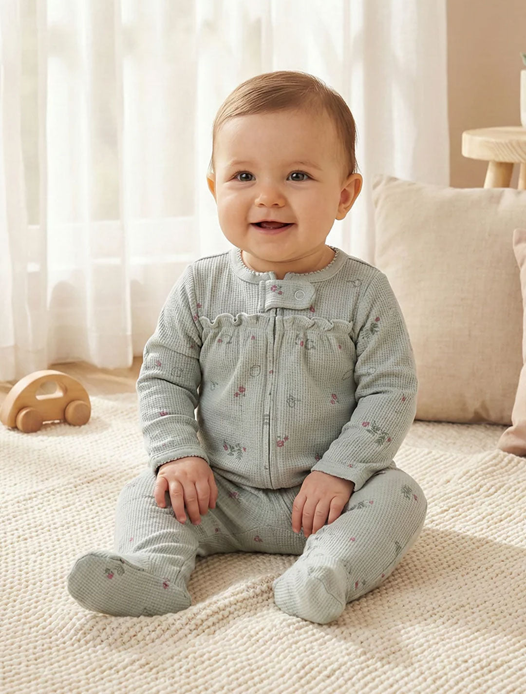 SAGE GREEN KNITTED FLORAL ZIPPER SLEEPSUIT