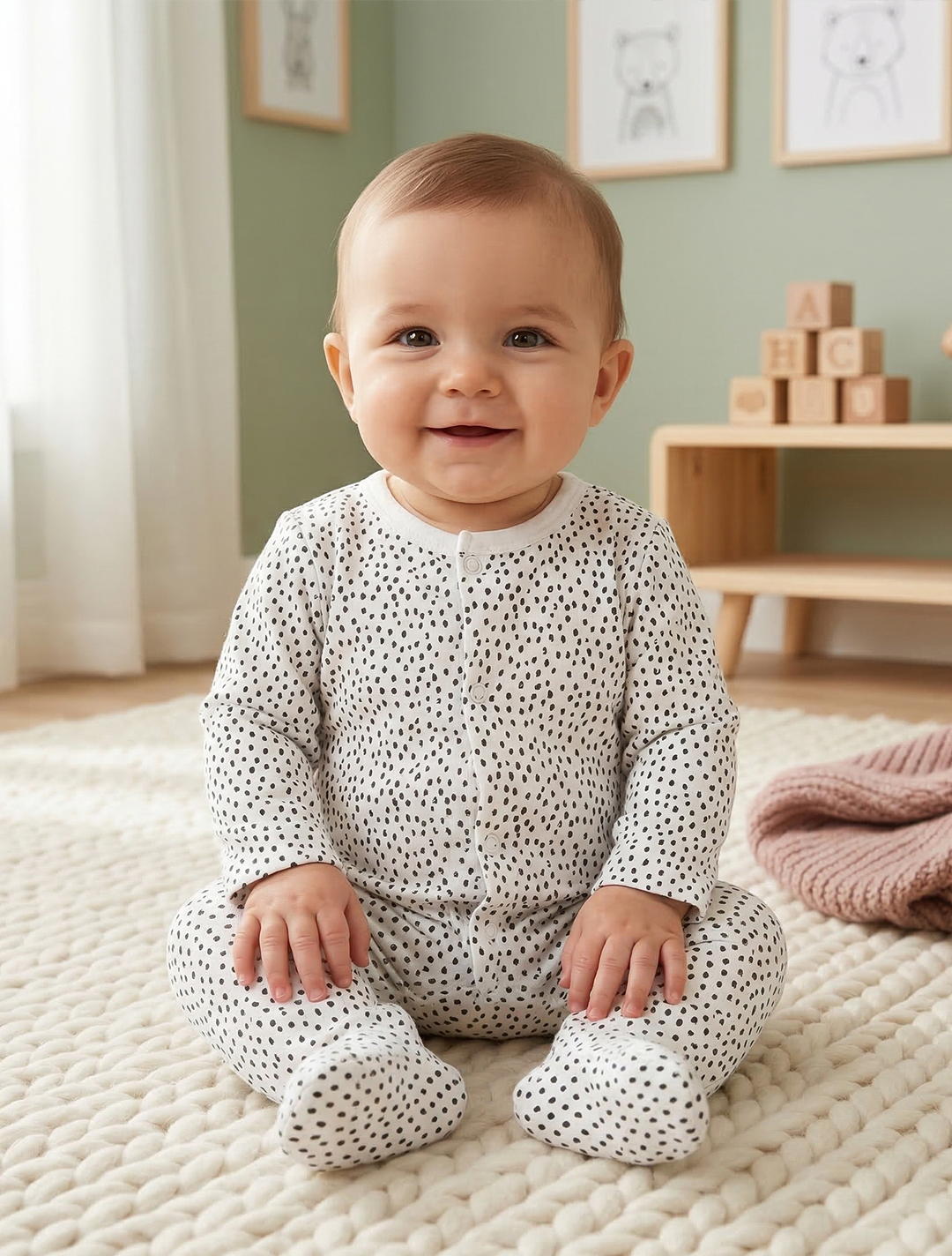 BLACK PRINTED BUTTON SLEEPSUIT