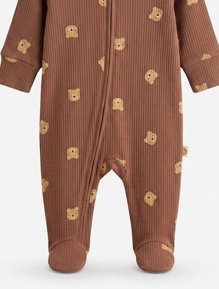 Brown ribbed bear printed sleepsuit