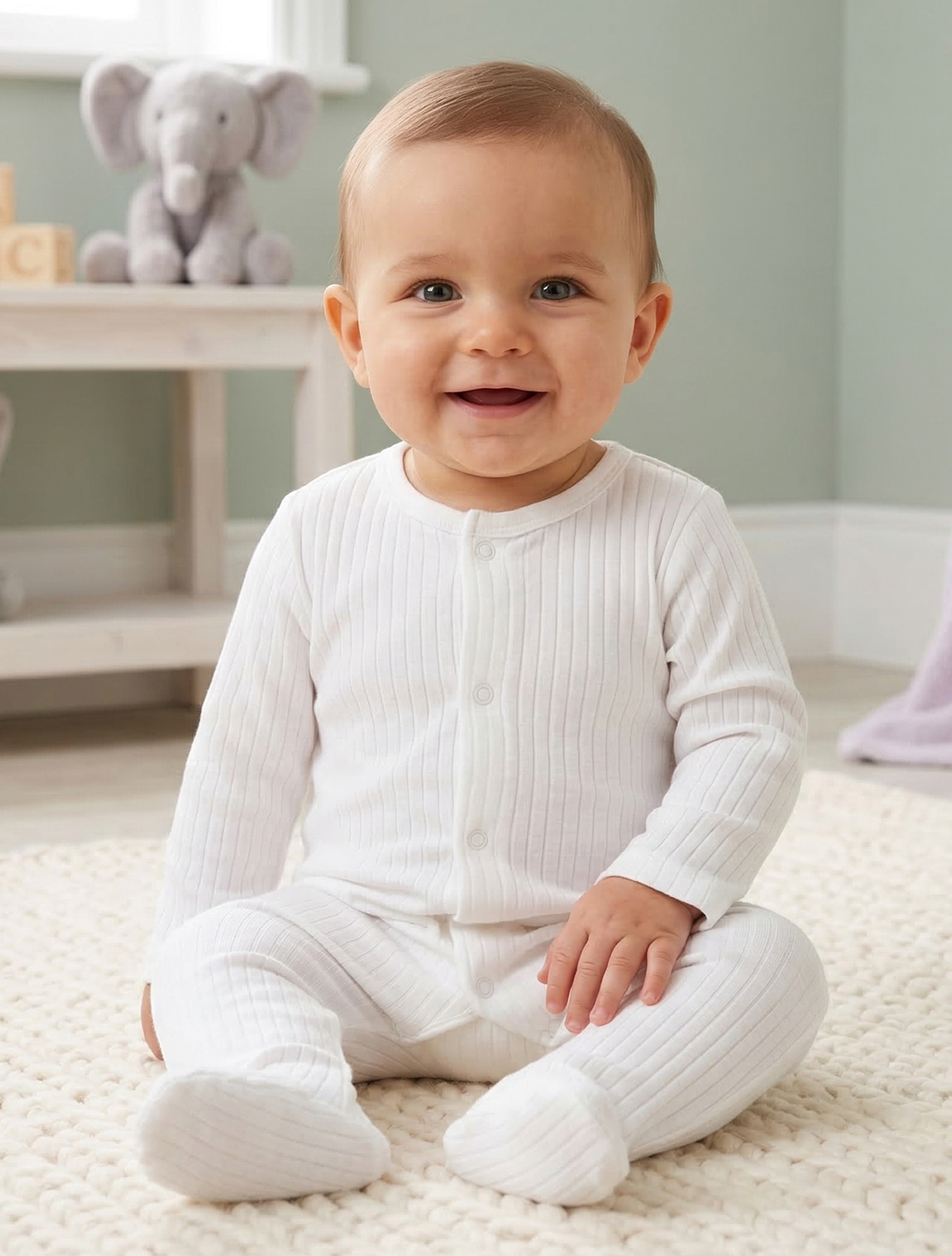 WHITE RIBBED BUTTON SLEEPSUIT