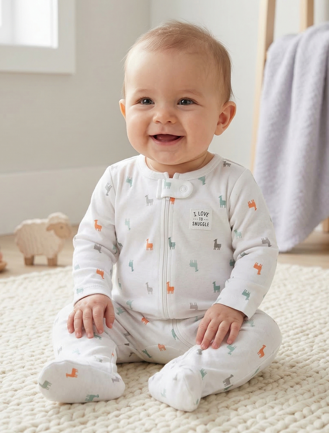 WHITE LLAMA PRINTED SLEEPSUIT
