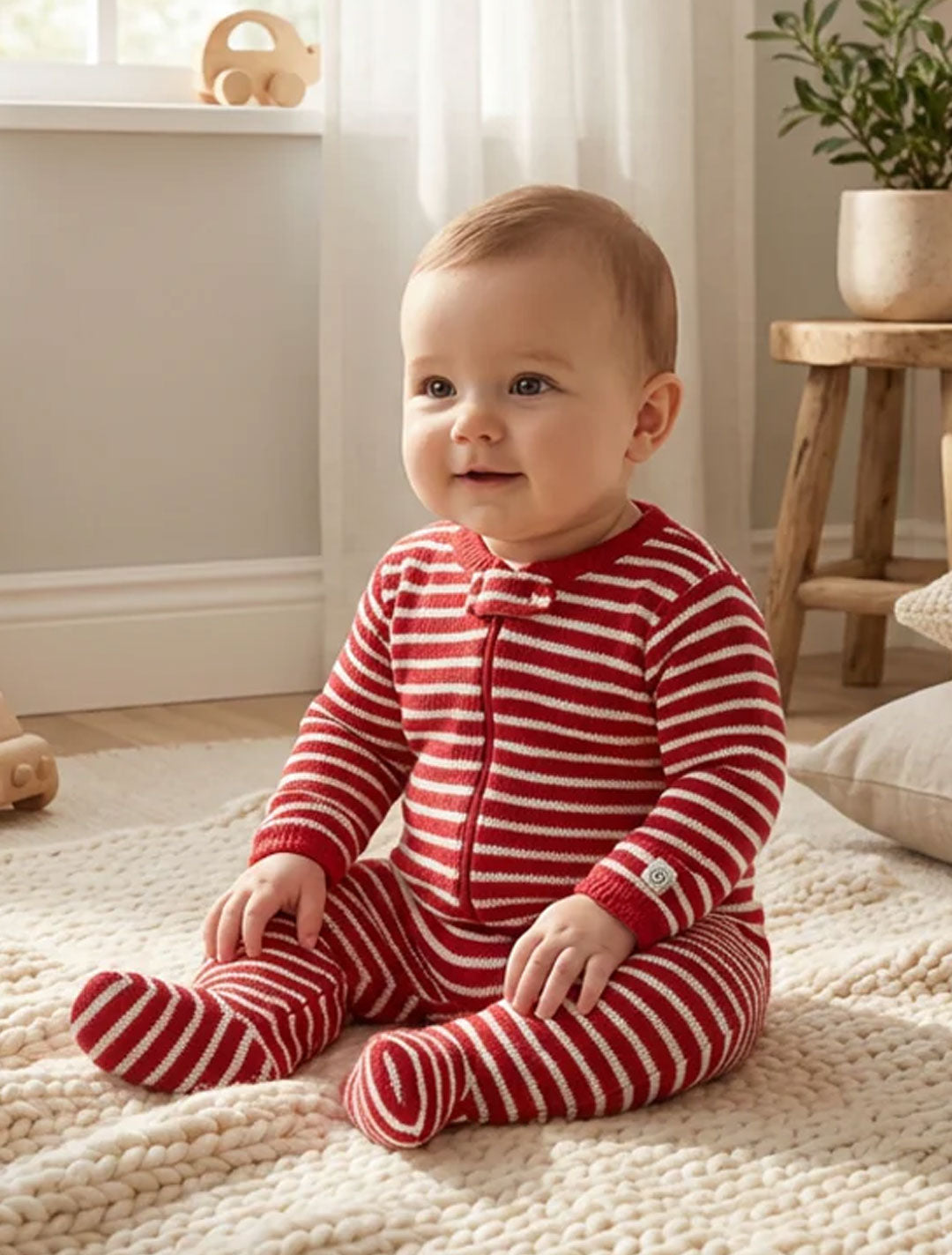 RED KNITTED STRIPED SLEEPSUIT