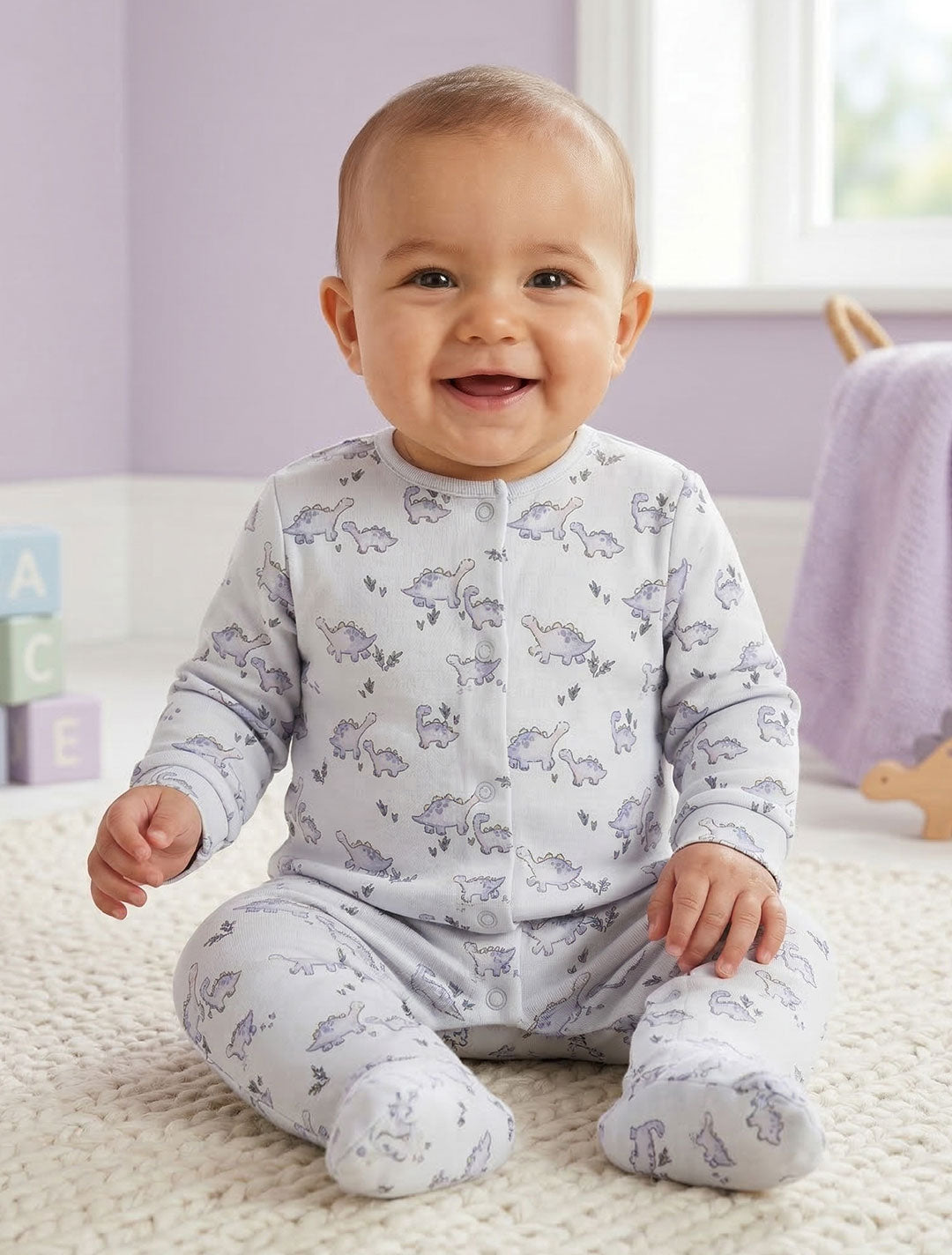 BLUE DINO PRINTED SLEEPSUIT