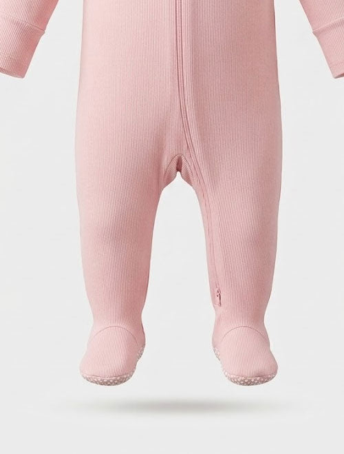 Baby pink ribbed zipper sleepsuit