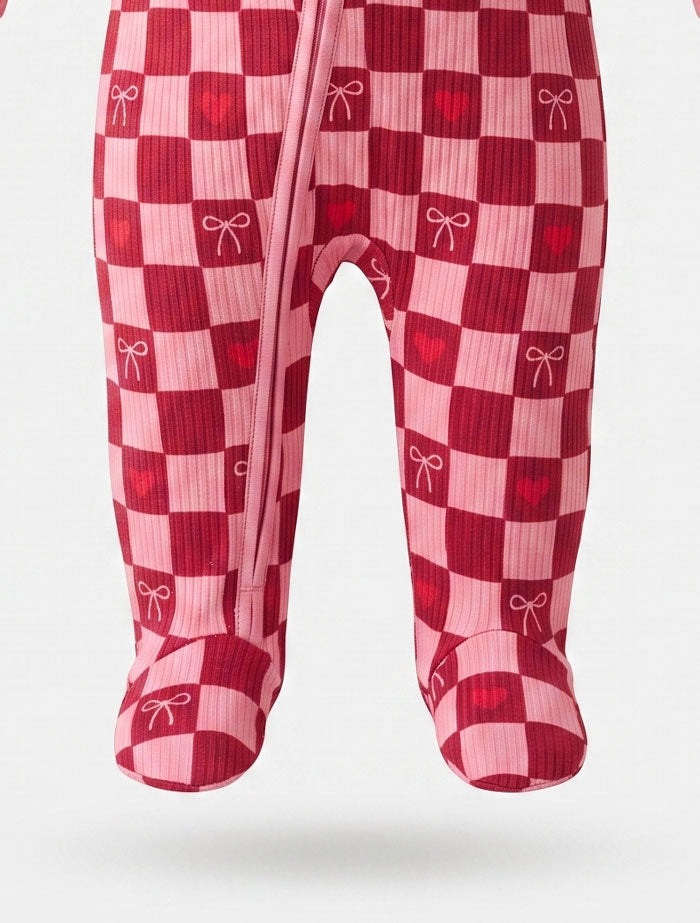 Red and pink bow ribbed zipper sleep suit